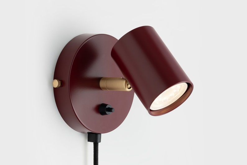 Lea Mid Century Modern Plug-in Wall Sconce Burgundy Red With Shades Flush Mount Vanity Light Bedside Lamp Retro Light Fixture image 1