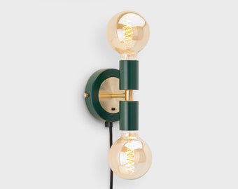 Liam Mini Brass Plug-in Wall Sconce Dark Green On/Off Switch Mid Century Modern Bedside Lamp Raw Brass