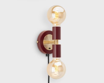 Liam Mini Brass Plug-in Wall Sconce Burgundy On/Off Switch Mid Century Modern Bedside Lamp Raw Brass