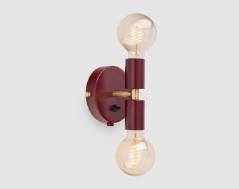 Liam Mini Wall Sconce Burgundy Red On/Off Switch Mid Century Modern Bedside Lamp Raw Brass
