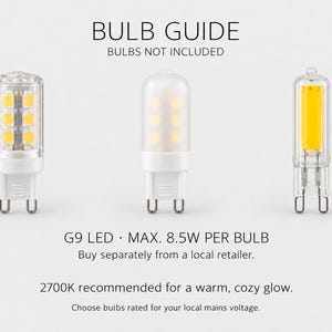 K&ouml;nnte beinhalten: Drei G9 LED-Leuchtmittel vor wei&szlig;em Hintergrund. Der Text lautet: BULB GUIDE, BULBS NOT INCLUDED, G9 LED MAX. 8.5W PER BULB, Buy separately from a local retailer, 2700K recommended for a warm, cozy glow, Choose bulbs rated for your local mains voltage.