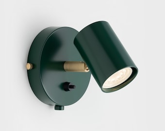 Lea Wall Sconce Dark Green On/Off Switch Mid Century Modern Bedside Lamp Raw Brass