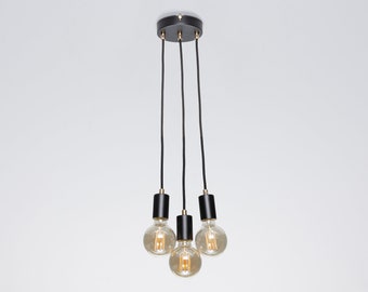 Bjorn 3-Port Ceiling Pendant Lamp Black Textile Cable Raw Brass