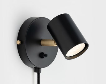 Mid Century Modern Black Wall Sconce, Plug-in Bedside Lamp