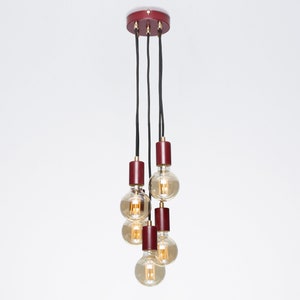 Bjorn 5-Port Ceiling Pendant Lamp Burgundy Textile Cable Raw Brass