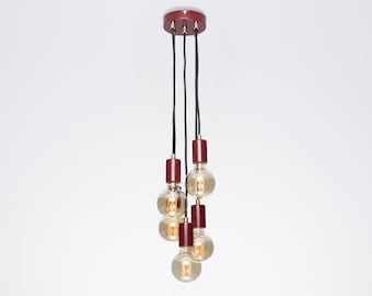 Lámpara colgante de techo Bjorn de 5 puertos, color burdeos, cable textil, latón crudo