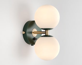 Mid-Century Modern Wall Sconce, Milk Glass Globe, Dark Green & Brass