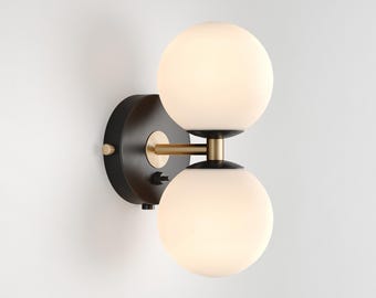 Mid-Century Modern Wall Sconce: Black Metal, Milk Glass Globe Vanity Light