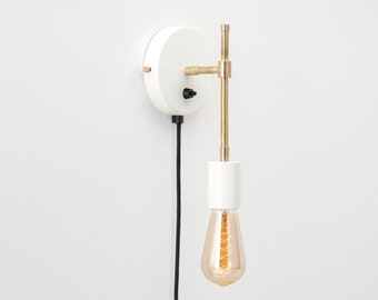 Olle Wall Sconce White Plug-in On/Off Switch Mid Century Raw Brass