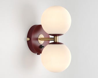 Mid Century Modern Burgundy Wall Sconce - Milk Glass Globe Bedside Lamp