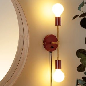 Applique da parete Liam Borgogna Plug-in Interruttore On/Off Mid Century Ottone grezzo