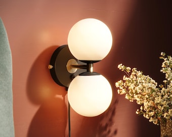 Mid Century Modern Plug-in Wall Sconce, Milk Glass Globe