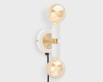 Liam Mini Brass Plug-in Wall Sconce White On/Off Switch Mid Century Modern Bedside Lamp Raw Brass