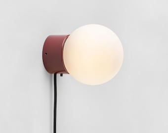 Zoe Wall Sconce Burgundy Red Plug-in On/Off Switch White Sphere Milk Glass Globe Plafond Bedside Lamp