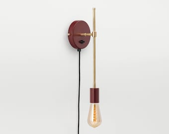 Loke Wall Sconce Burgundy Plug-in On/Off Switch Mid Century Raw Brass