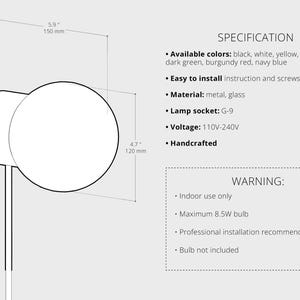 K&ouml;nnte beinhalten: Eine Wandleuchte mit kugelf&ouml;rmigem Glasschirm und Metallsockel. Abmessungen: 150 mm Breite, 120 mm H&ouml;he und 80 mm Tiefe. Spezifikationen: G-9 Fassung, 110V-240V Spannung, Metall- und Glasmaterialien. Warnung: Nur f&uuml;r den Innenbereich geeignet.
