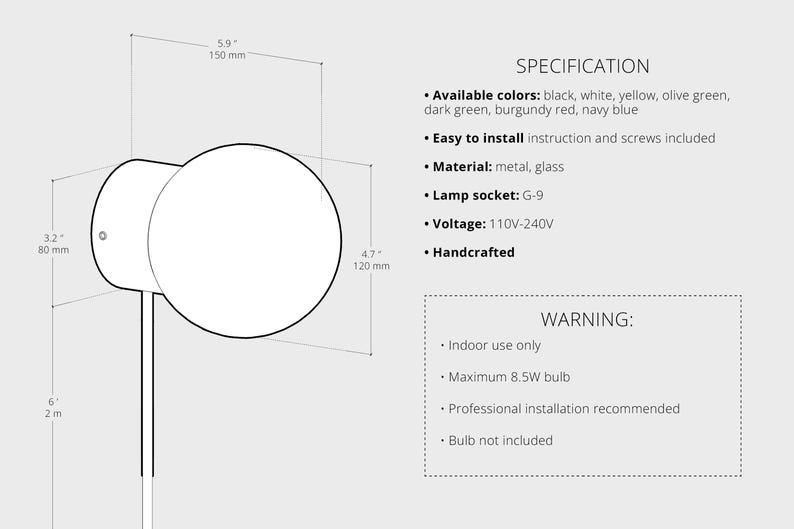 K&ouml;nnte beinhalten: Eine Wandleuchte mit kugelf&ouml;rmigem Glasschirm und Metallsockel. Abmessungen: 150 mm Breite, 120 mm H&ouml;he und 80 mm Tiefe. Spezifikationen: G-9 Fassung, 110V-240V Spannung, Metall- und Glasmaterialien. Warnung: Nur f&uuml;r den Innenbereich geeignet.