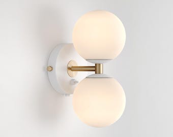 Mid-Century Modern Milk Glass Globe Wall Sconce, Brass Vanity Light Fixture