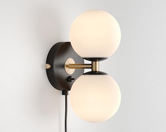 Mid-Century Modern Wall Sconce: Black Metal, Milk Glass Globe, Vanity Light