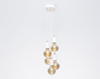 Lámpara colgante de techo Bjorn de 5 puertos con cable textil blanco y latón crudo