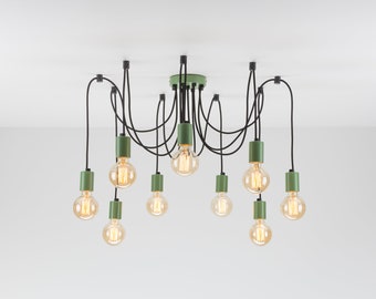 Elvin 9-Port Ceiling Pendant Lamp | Green | Swag Hook | Spider Chandelier | You Choose We Build | Textile Cable | Color Cord