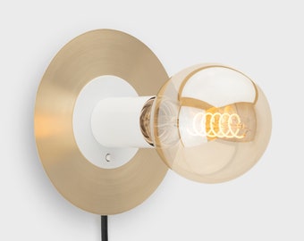 Zoe Plug-in Wall Sconce White On/Off Switch Mid Century Modern Bedside Lamp Raw Brass