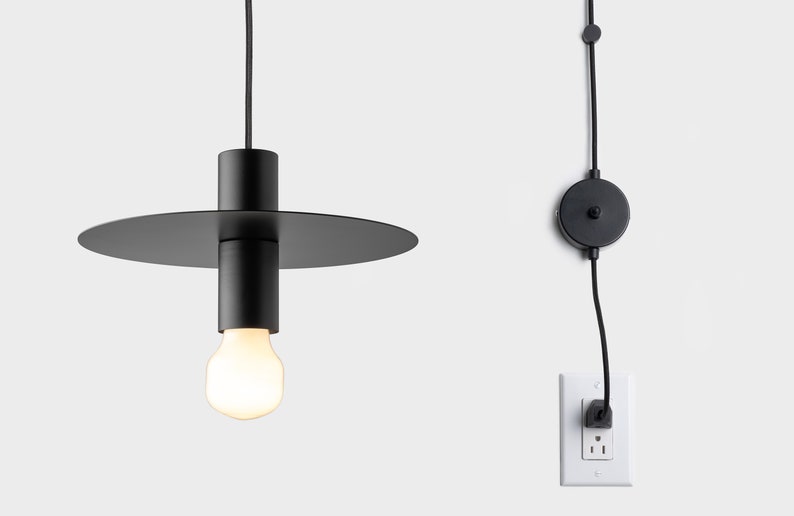 Elvin Minimalist Plug-in Pendant Disc Lamp Shade With On/Off Switch Black image 1