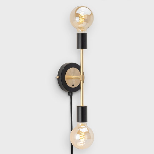 Liam Wall Sconce Black Plug-in On/Off Switch Mid Century Raw Brass New