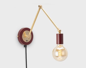 Edvin Plug-in Wall Sconce Burgundy Raw Brass Mid Century Modern Bedside Lamp