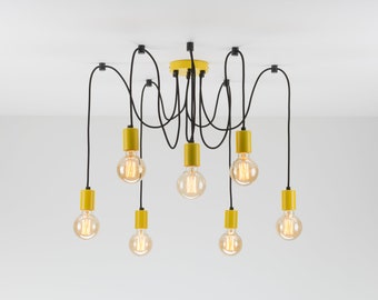 Lámpara colgante de techo Elvin de 7 puertos / Amarilla / Gancho de suspensión / Lámpara de araña / Tú eliges, nosotros fabricamos / Cable textil / Cordón de color