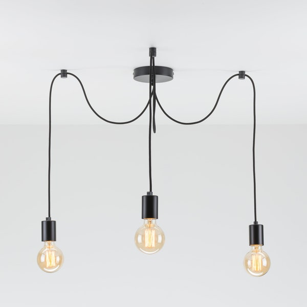 Elvin 3-Port Ceiling Pendant Lamp | Black | Swag Hook | Spider Chandelier | You Choose We Build | Textile Cable | Color Cord