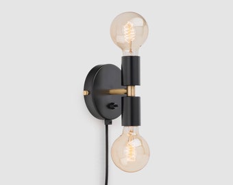 Liam Mini Plug-in Wall Sconce Black On/Off Switch Mid Century Modern Bedside Lamp Raw Brass