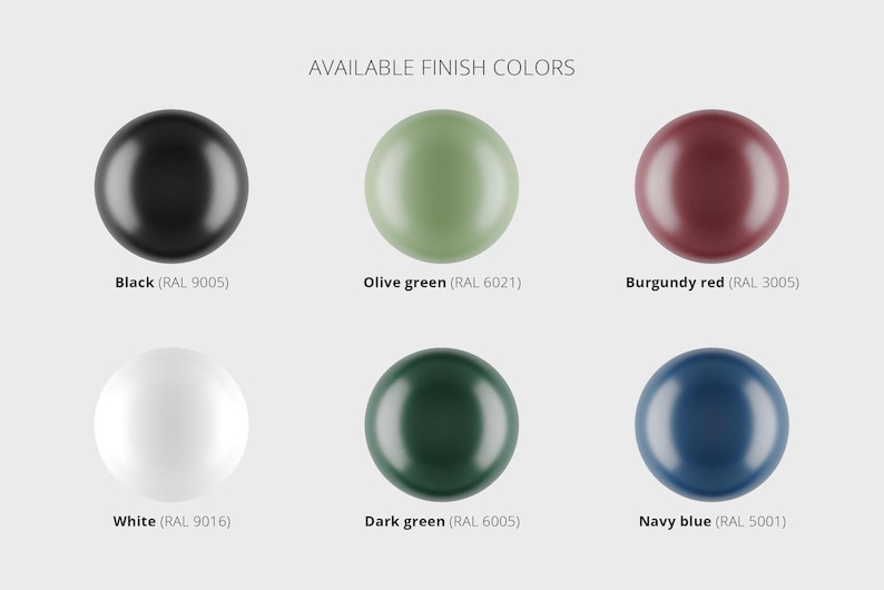 K&ouml;nnte beinhalten: Eine Farbkarte mit dem Titel AVAILABLE FINISH COLORS zeigt sechs Kugeln in verschiedenen Farbt&ouml;nen: Schwarz (RAL 9005), Olivgr&uuml;n (RAL 6021), Burgunderrot (RAL 3005), Wei&szlig; (RAL 9016), Dunkelgr&uuml;n (RAL 6005) und Marineblau (RAL 5001).