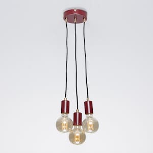 Bjorn 3-Port Ceiling Pendant Lamp Burgundy Textile Cable Raw Brass