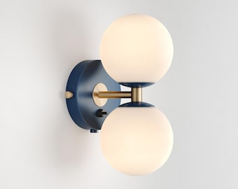 Mid-Century Modern Navy Blue Milk Glass Wall Sconce, Brass Vanity Light Fixture