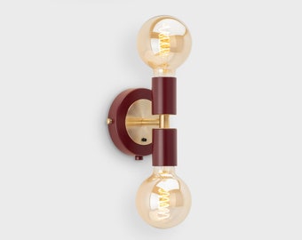 Liam Mini Brass Wall Sconce Burgundy On/Off Switch Mid Century Modern Bedside Lamp Raw Brass