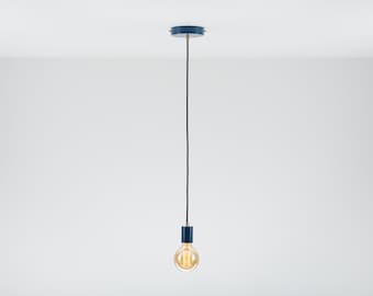 Bjorn Single Ceiling Lámpara Colgante Azul Marino Cable Textil Latón Crudo