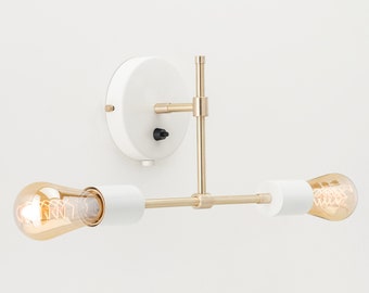 Aplique de pared Noel para tocador, blanco, montaje empotrado, interruptor de encendido y apagado, latón crudo de mediados de siglo