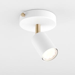 May include: A white cylindrical ceiling spotlight featuring a circular base with a small gold-toned side screw. The light fixture has a central gold-toned connector that attaches the adjustable, angled white lamp head to the mounting plate.