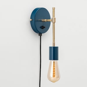 Olle Wall Sconce Navy Blue Plug-in On/Off Switch Mid Century Raw Brass
