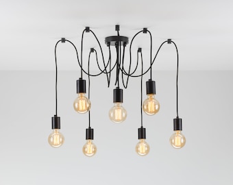 Lámpara colgante de techo Elvin de 7 puertos / Negra / Gancho de suspensión / Lámpara de araña / Tú eliges, nosotros fabricamos / Cable textil / Cordón de color