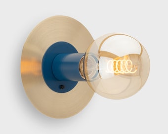 Zoe Wall Sconce Navy Blue On/Off Switch Mid Century Modern Bedside Lamp Raw Brass