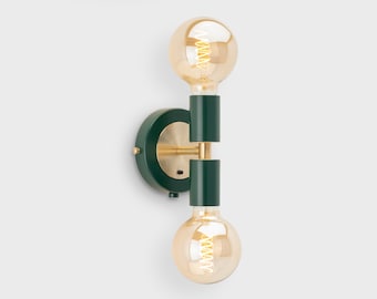 Liam Mini Brass Wall Sconce Dark Green On/Off Switch Mid Century Modern Bedside Lamp Raw Brass