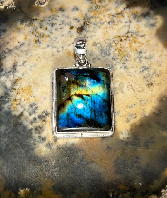 Polished Rectangle Labradorite Cabochon Sterling Silver Pendant
