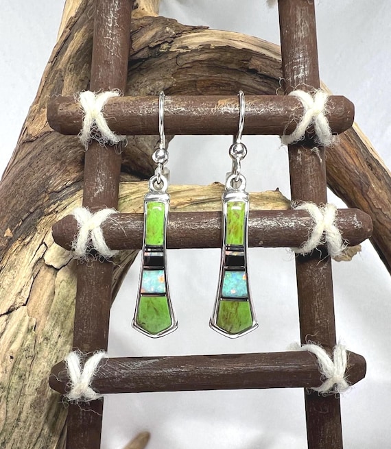 Signed Vintage Native American Navajo Gaspeite Synthetic Opal Sterling Silver Earrings Signed Vintage Native American Navajo Gaspeite Synthetic Opal Sterling Silver Earrings