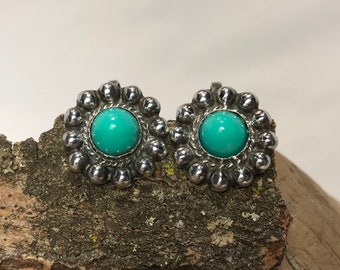 Vintage Turquoise Colored Glass and Silver Screw Back Earrings - Mexico