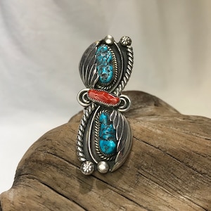 Vintage Navajo Southwest Turquoise and Red Coral Sterling Silver Ring - Size 8