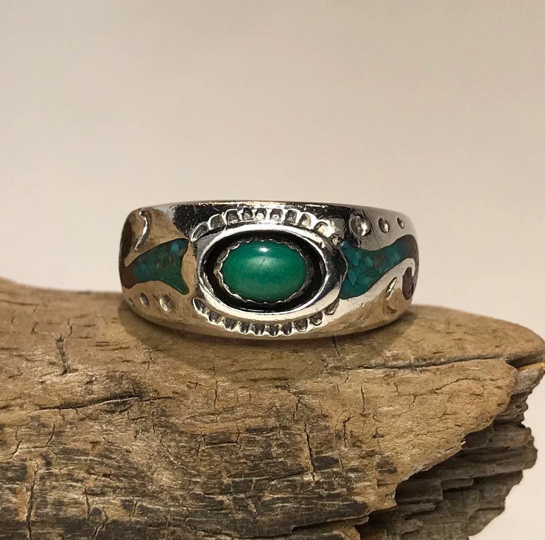 Sale Southwest Style Turquoise With Chip Inlay Sterling - Etsy