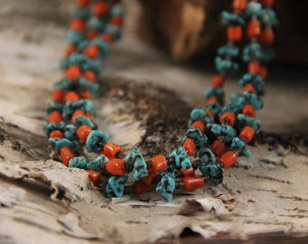 Vintage Santo Domingo Turquoise & Red Coral Multi-Strand Beaded Necklace