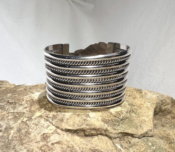 Solid Sterling Silver Wide Navajo Cuff Bracelet -… - image 1